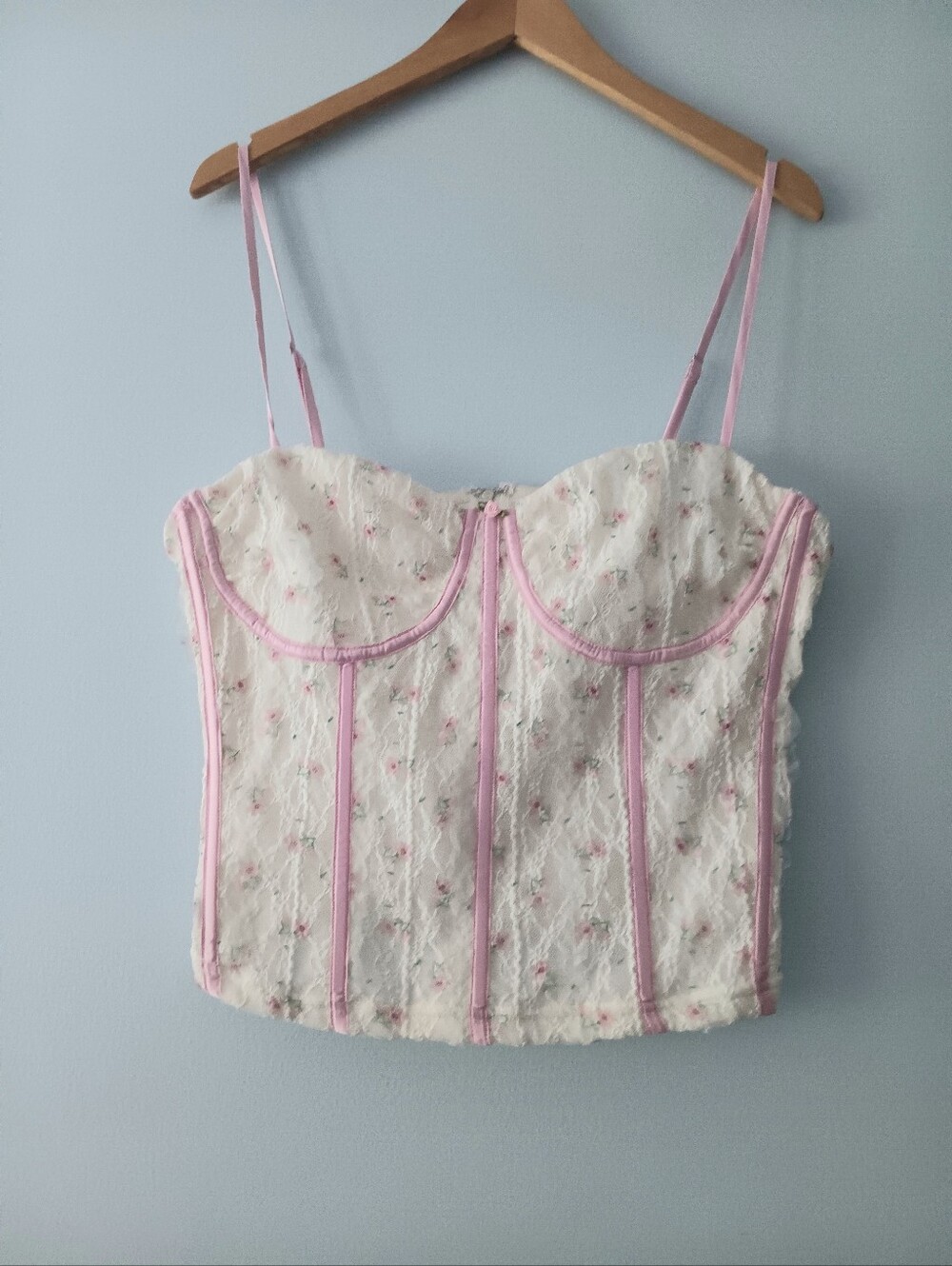 Pretty Garbage Cottagecore Floral Lace Corset Top Pink Ivory XL - Picture 2 of 5